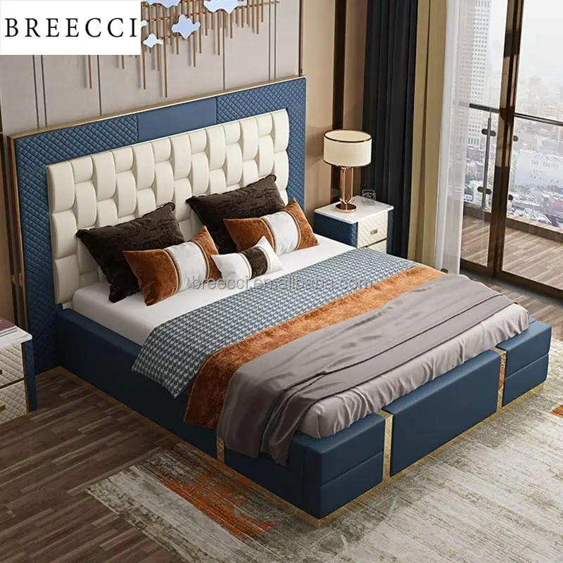 2024 роскошная кровать из натуральной кожи двуспальная размера «Queen-Size» с высокой спинкой нержавеющей стали наборы для спальни мебель