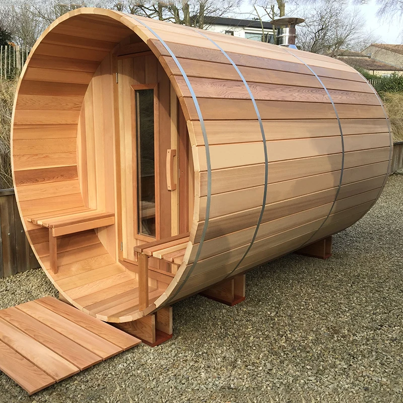 The Cheapest 8 Person Outdoor Barrel Style Wooden Steam With Porch Red Cedar Sauna Set