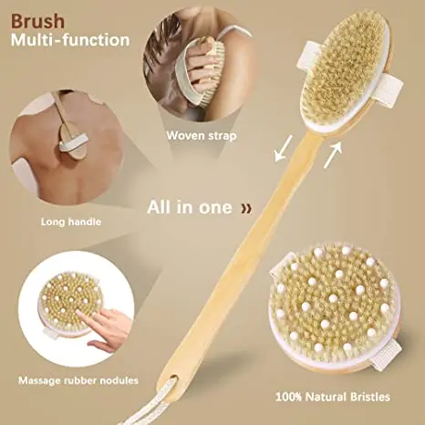 Luma Long Dry Back Scrubber Natural Bristle Dry Skin Exfoliating Soap Brushing Body Bath Brush Set