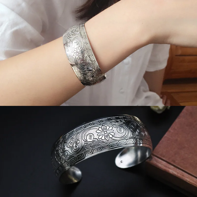 Vintage Tibetan Silver Open Wide Bangle For Women Carved Pattern Animal Bracelet Thailand Afghanistan Ethnic Jewelry