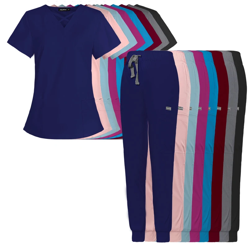 2024 Hot Selling Stylish Burgundy Navy Blue Medical Scrubs Womens Scrub Nursing Polyester Stretchy Hospital Uniforms