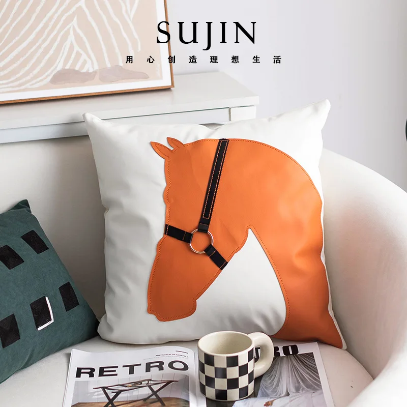 Designer horse head pillow Nordic light luxury leather INS British living room sofa cushion hotel pillowcase