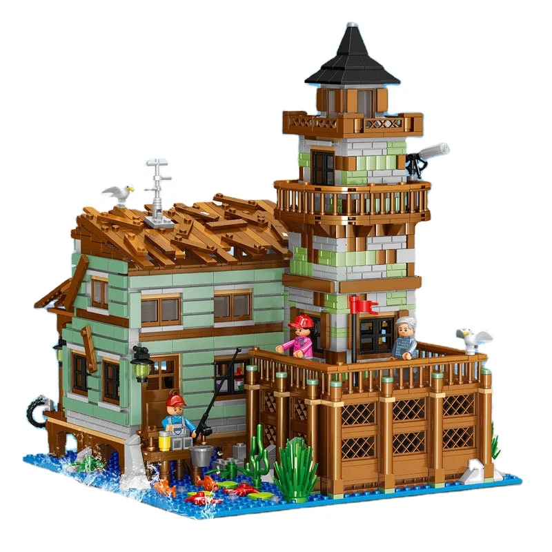 Creative Ideas Fisherman Cabin Wharf Wooden House Model Building Blocks Street View Fishing Village Store Assemble Bricks Toy