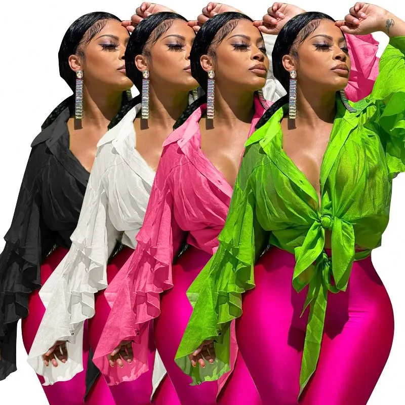 Ladies Blouses Plus Size Chiffon Tops And Blouses Women Elegant Design Turn Down Collar Button Ruffle Chiffon Blouse Women