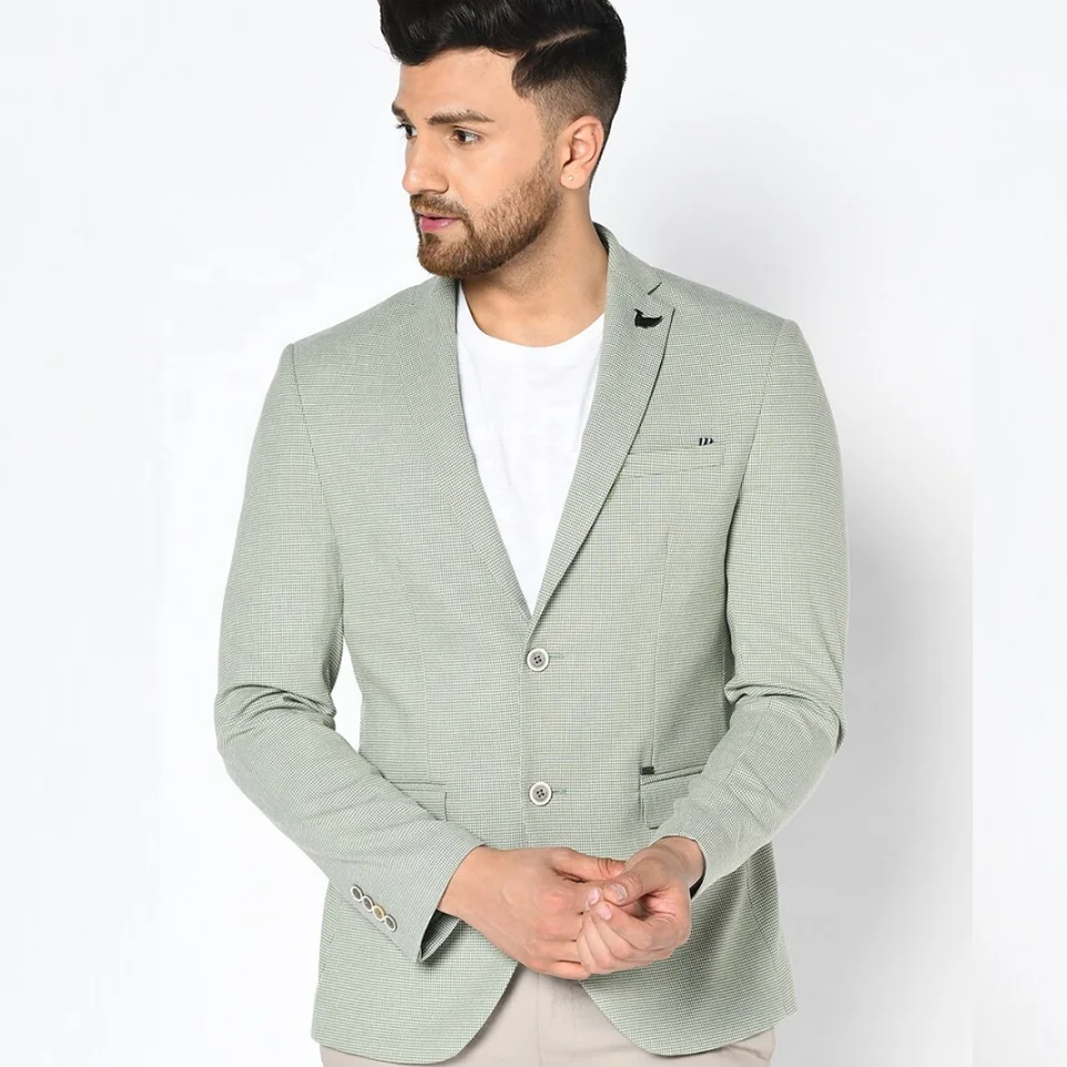 Slim fit light olive green and white checked designs casual business blazers for men
