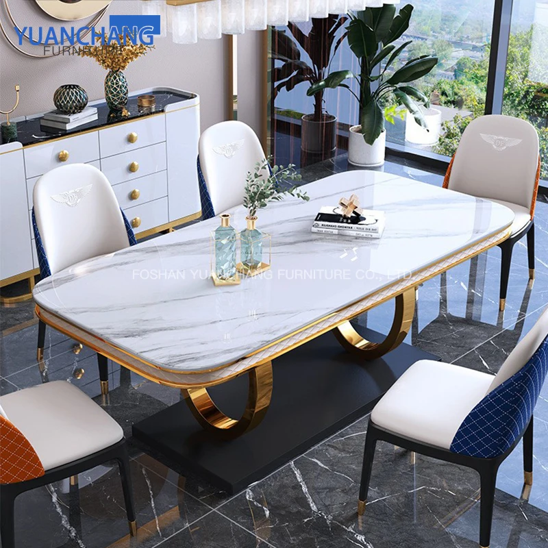 YuanChang dining room furniture black marble dining table modern luxury golden stainless steel dining table for 6 chair