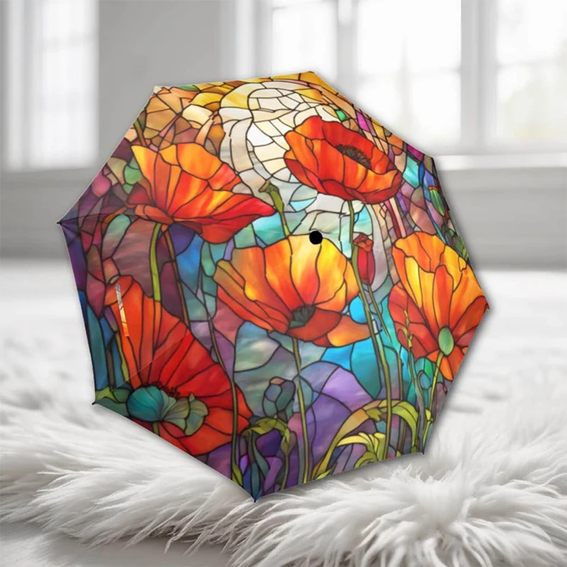 Manufacturers Novelty Popular Stained Glass Art Nouveau Poppies Red Parasol Semi Automatic Waterproof Foldable Umbrella