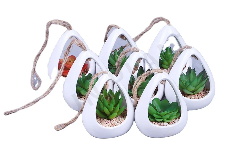 Hanging Potted Artificial Succulents Plants Mini Green Grass Planter Pot Succulent Ceramic Pots Set For Decoration