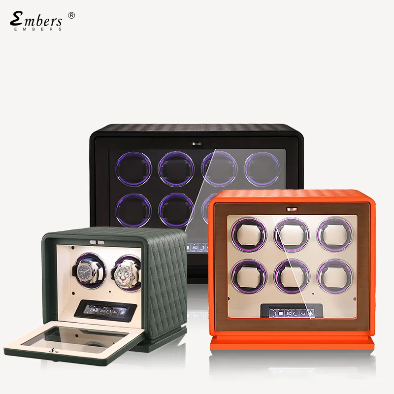Embers 2024 New Leather Watch Winder 12 slots Black Green Orange LED light Touch Screen Control