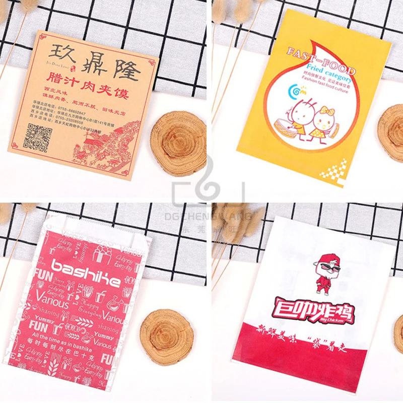 Custom food grade greaseproof paper bag french fries burger snack fast food disposable sharp bottom paper pouch packaging bag