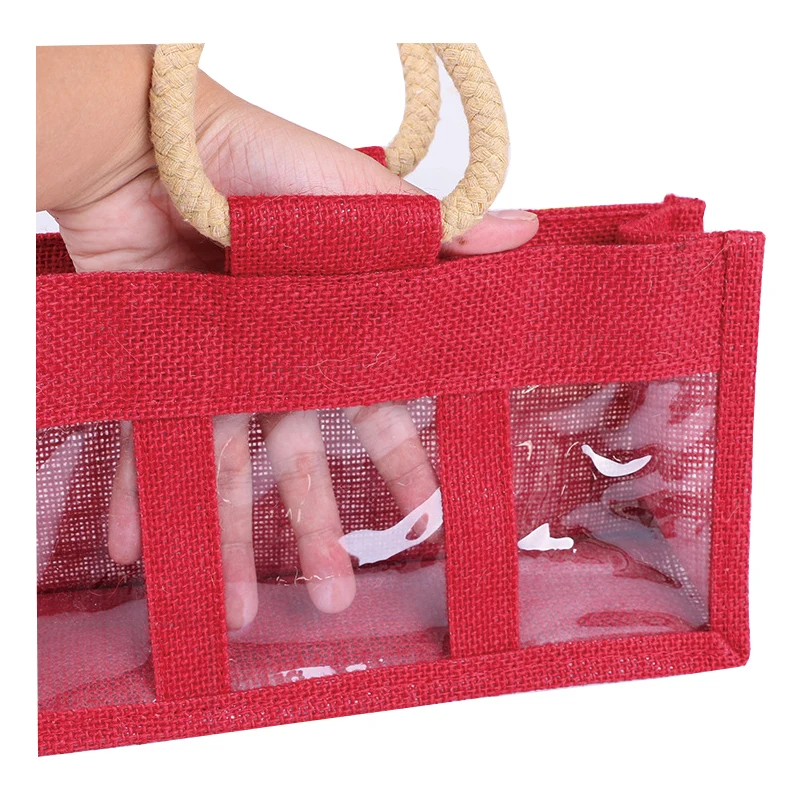 Custom Print Burlap Jute Jar Bag Wine Jute Bag Tote Red Color with Clear PVC Window