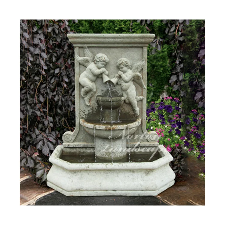 Outdoor Garden Decoration Antique Stone Granite Wall Fountain Carved Stone Relief Cherub Statues Marble Waterfall Wall Fountains