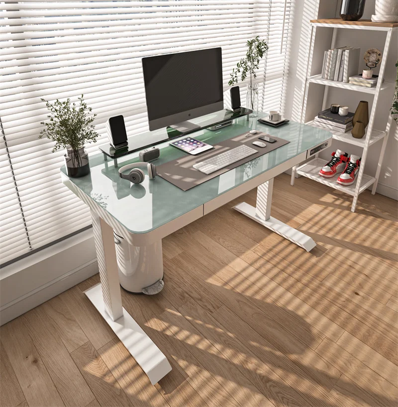 Home Office Height Adjustable Electrical Office Glass Table With Drawer Computer Sit Stand Desk