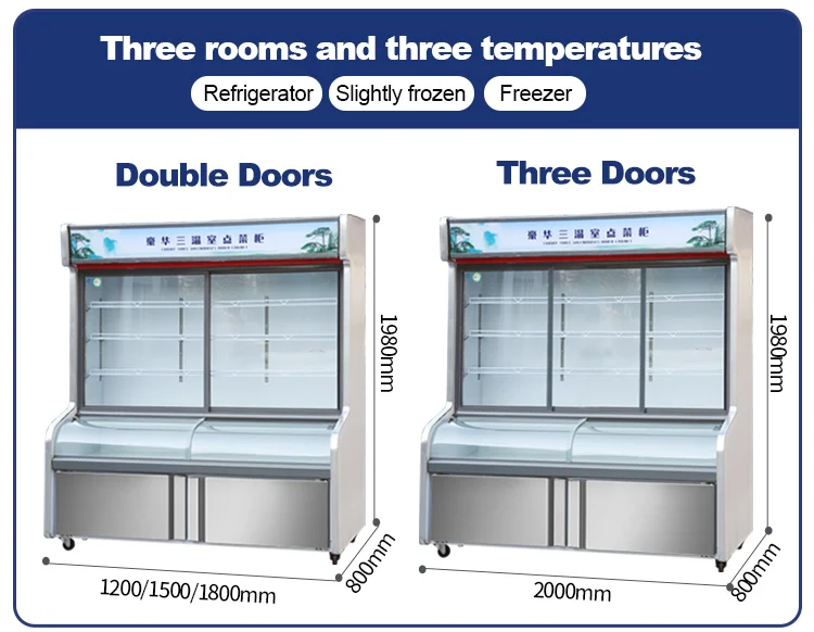 Shengxue  Luxury Three Temperatures fresh vegetable Display Showcase Refrigeration Equipment for restaurant