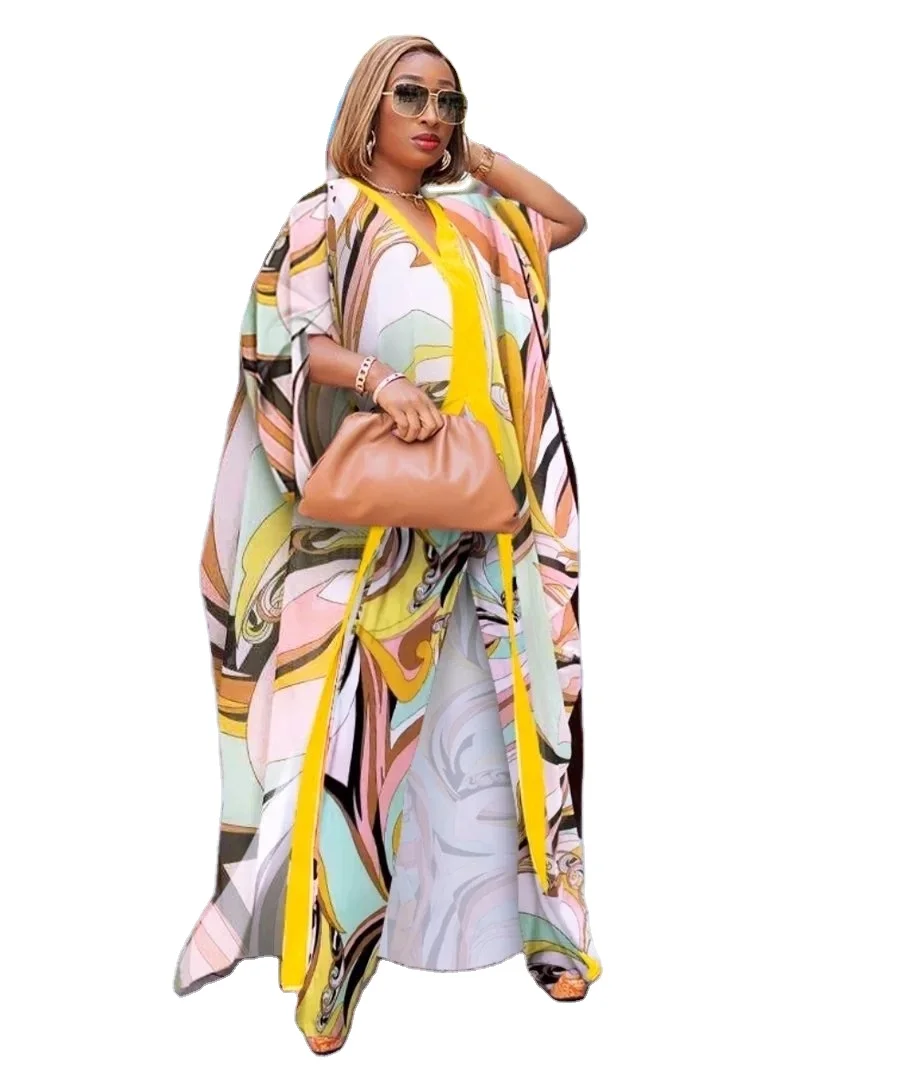 2021 Muslim Arab Casual Two Pieces Set Printing Batwing Sleeve African Women Abaya Kaftan Style Robe Long Dress Muslim Islamic