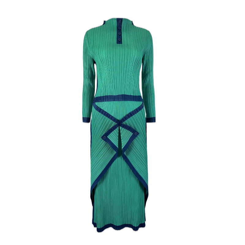 2021 New Spring Miyake Pleated women 2 piece matching sets symmetrical Vintage button Top Splicing skirt indie designer clothes