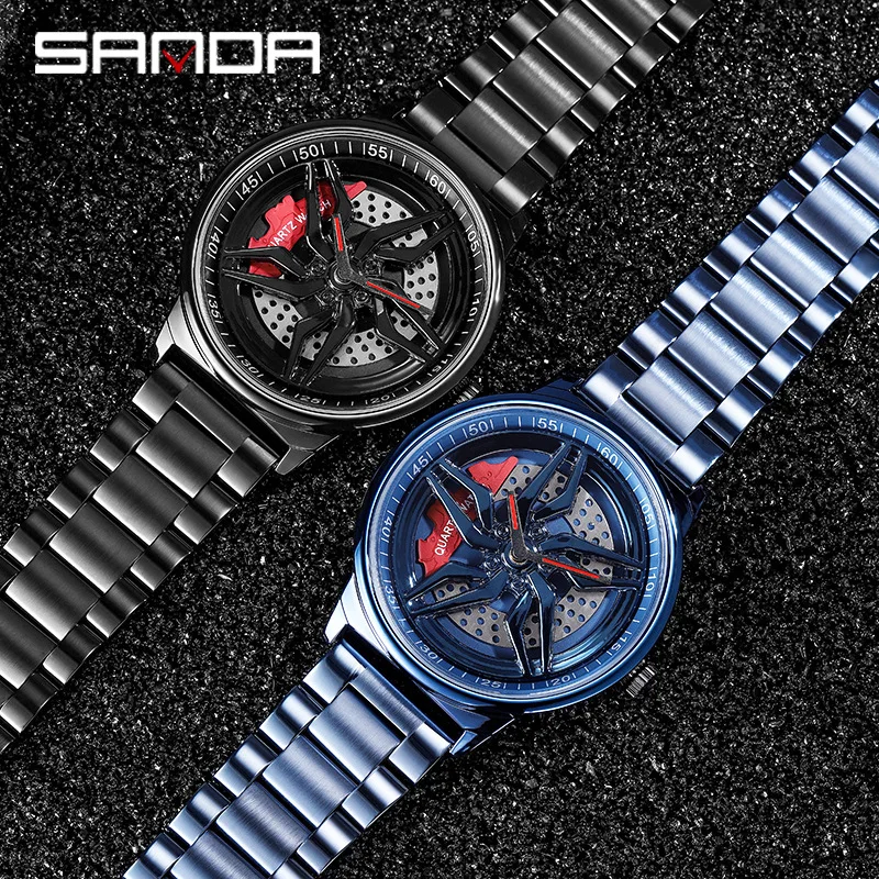 SANDA P1062 Wristwatch Car Wheel Watch Japan Movt Stainless Steel Back Power Rotating Wheel Car Quartz Watches Men Wrist