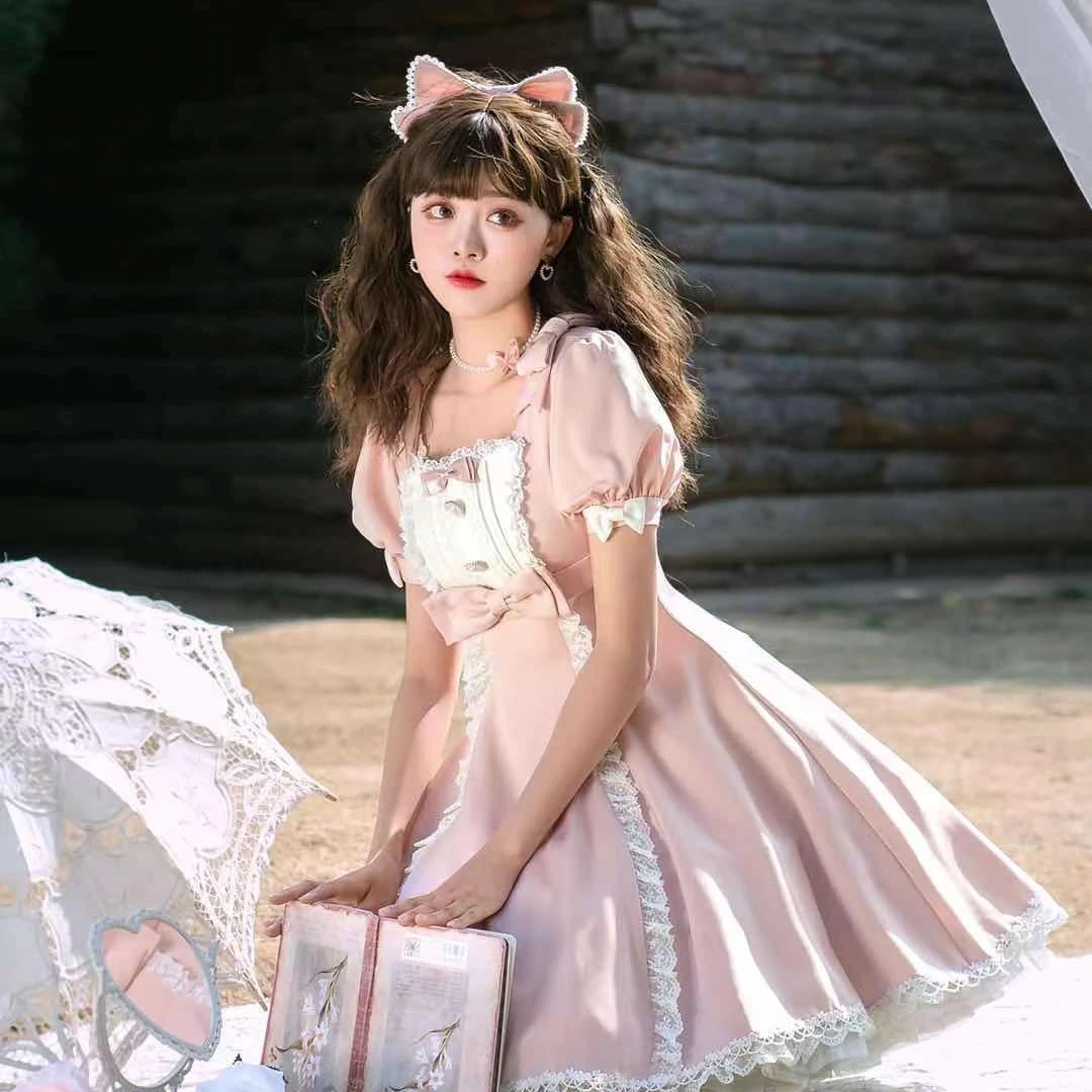 
Sweet Lady Dress Lolita Aestheticism Girl Clothing Pinkbabi Party Lolita Dress Fashion Cartoon Printed Princess Lace Dress 