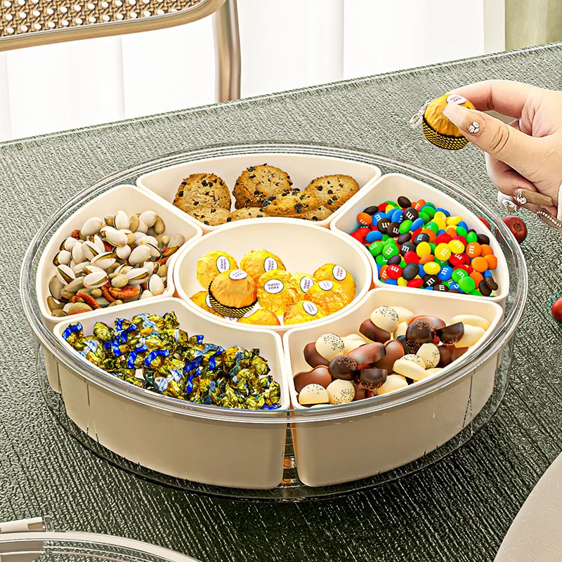 Round Divided Serving Tray With Lid And Handle Portable Snack 6 Compartment Fresh Keeping Food Storage Snack Box Container