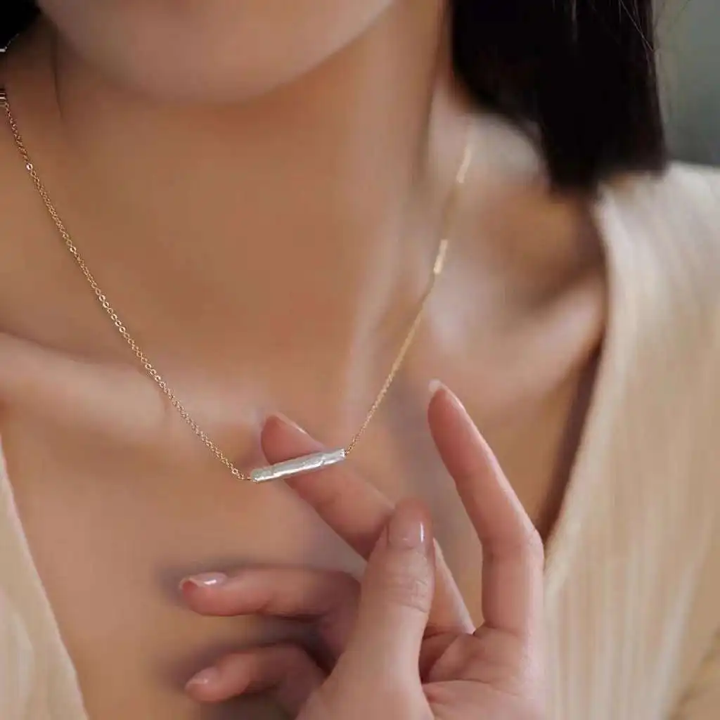 Square silver bar natural Baroque pearl necklace, high-end and simple freshwater pearl necklace jewelry