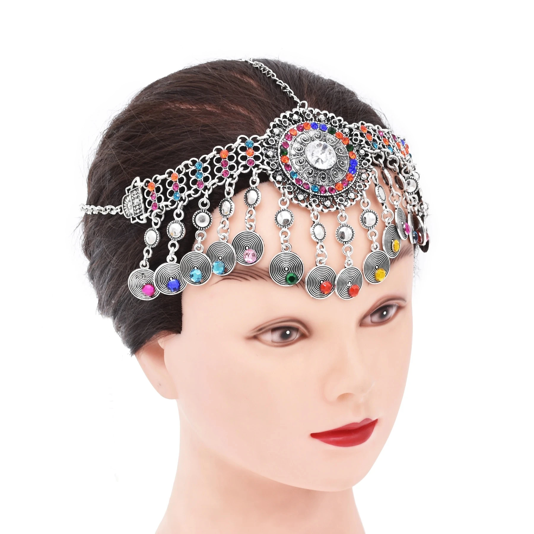 Vintage Bohemian Multi Flower Coin Tassel Headband Ethnic Statement Hair Jewelry Maang Tikka