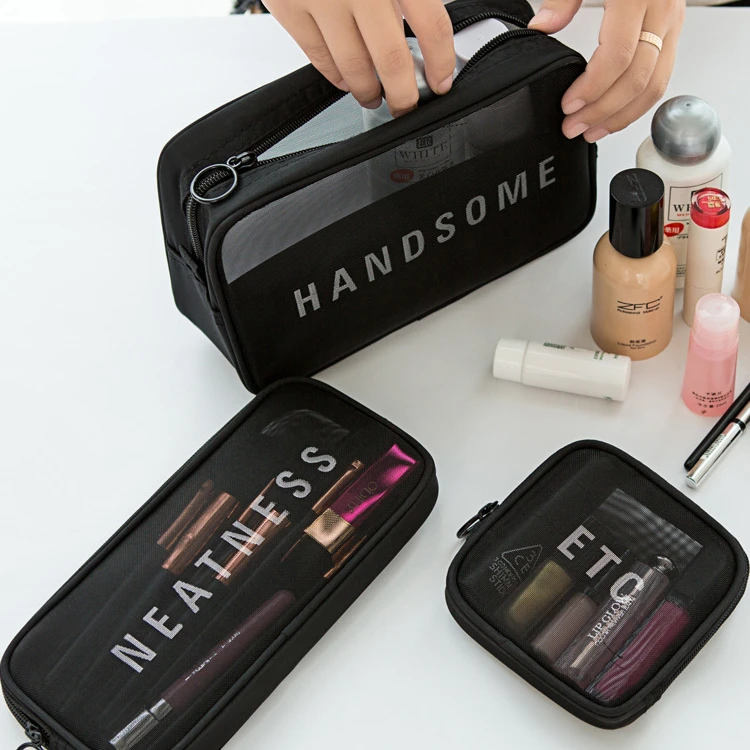custom logo flat washable light mesh net travel kit gauze makeup storage bag Cosmetic Bag