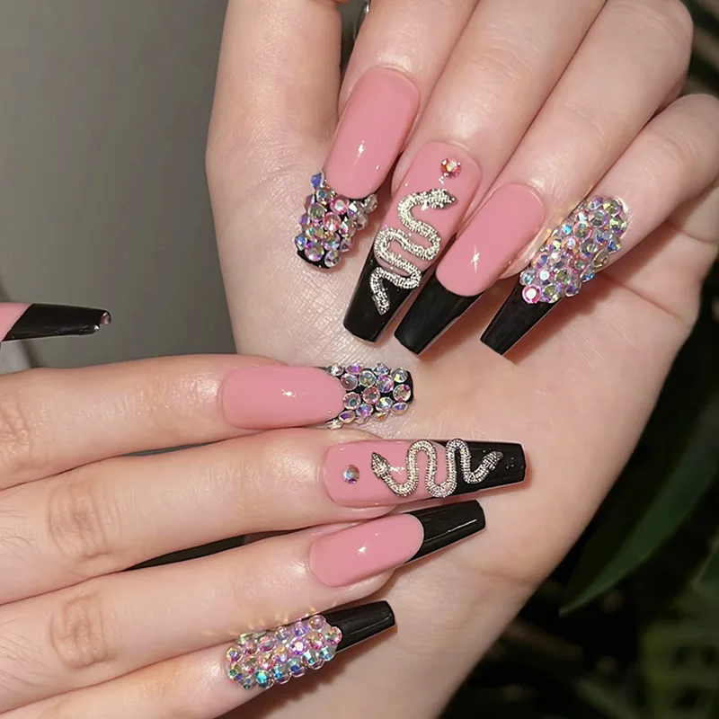 Wholesale nude pink black edge French wear nail  snake rhinestone long ballet manicure wear false nail