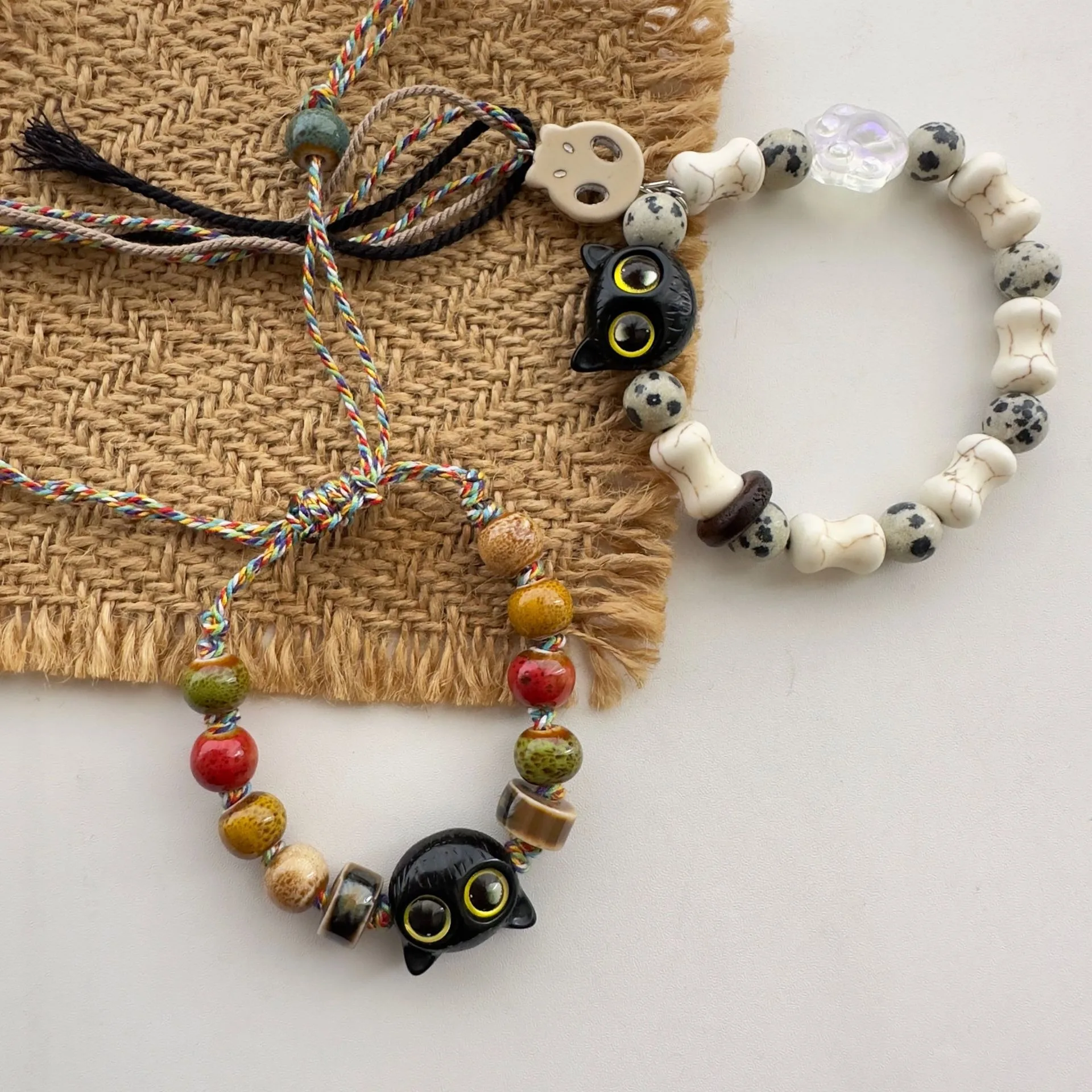 Skull Cat Ceramic Braided Rope Bracelet Personalised Fashion Beaded Jewelry Tassel Colourful Braided Rope Bracelet
