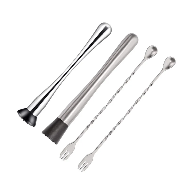 Home Bar Tools 4-Pieces Stainless Steel Cocktail Muddler and Mixing Spoon for Mojitos Fruit Based Drinks