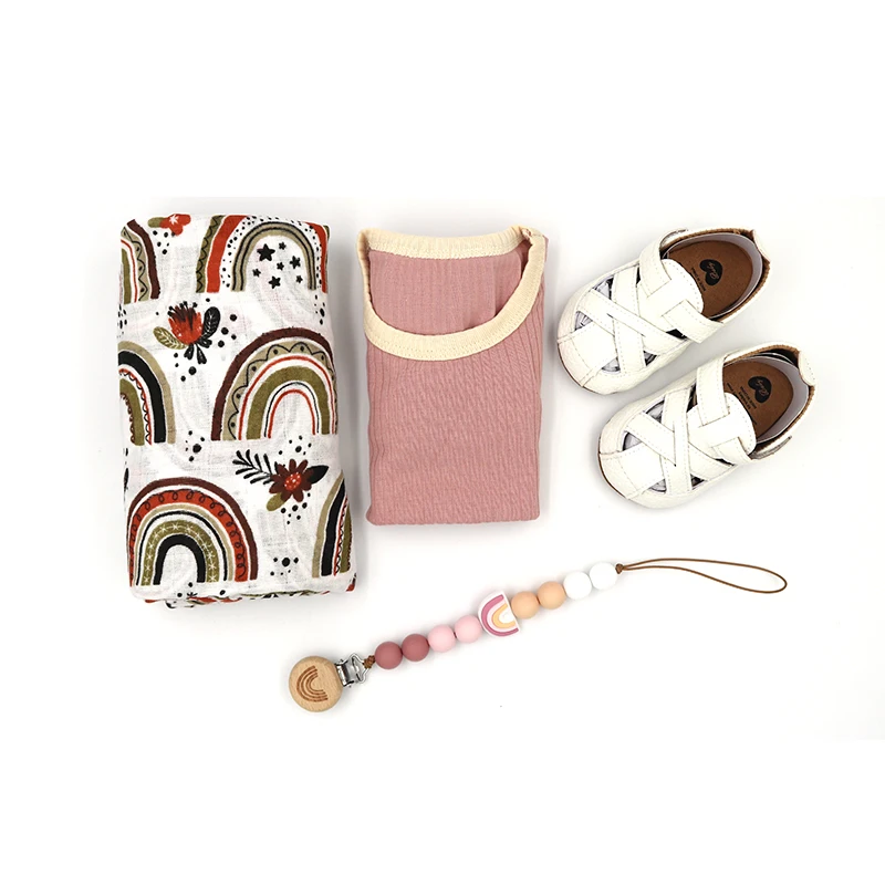rainbow Baby Shower Gift Set with Teething pacifier chain Pu leather shoes Blanket Romper  new born baby gift set