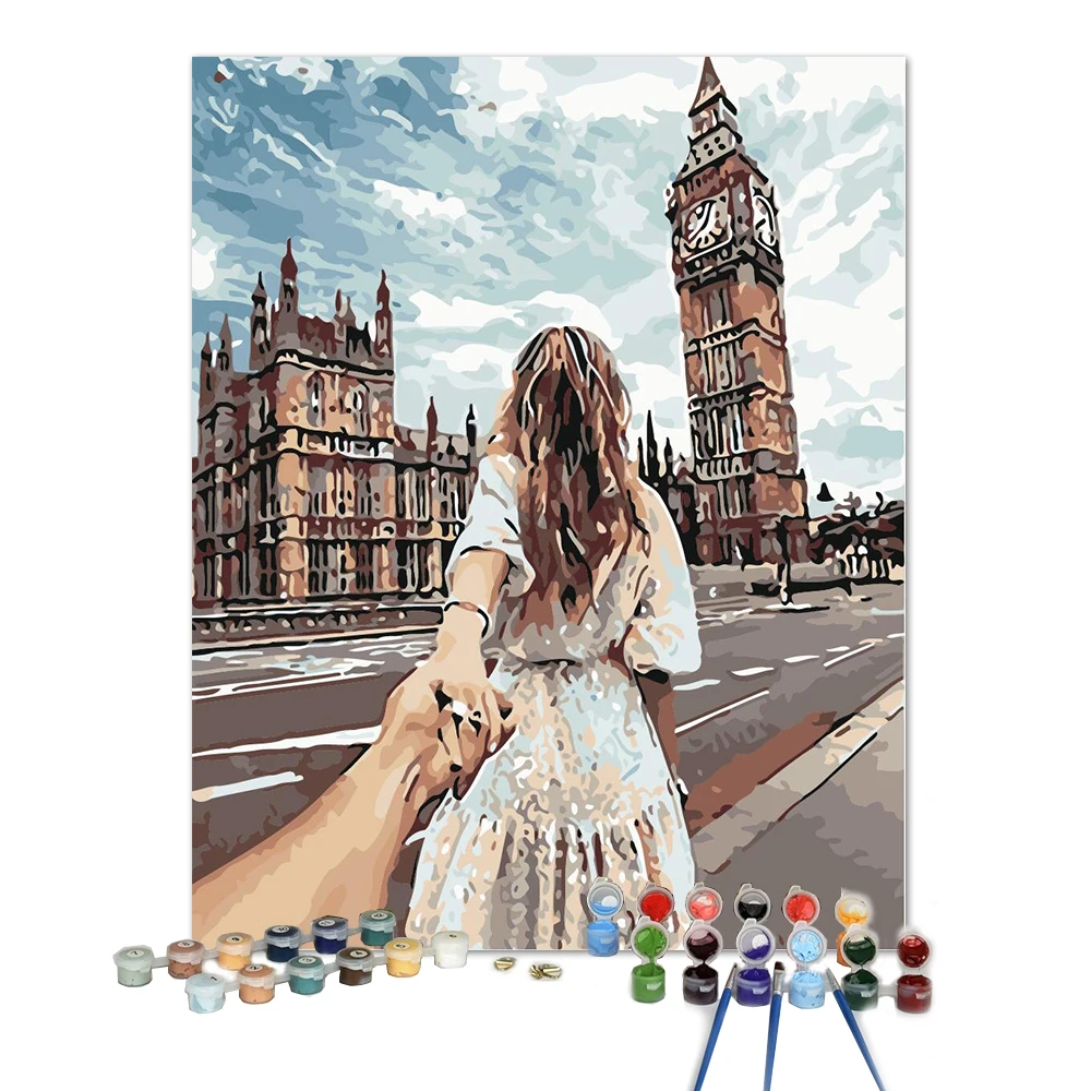 Custom size Impression Cityscape London Big Ben Scenery Girl Photo Customized Acrylic Paints Diy Painting by Numbers