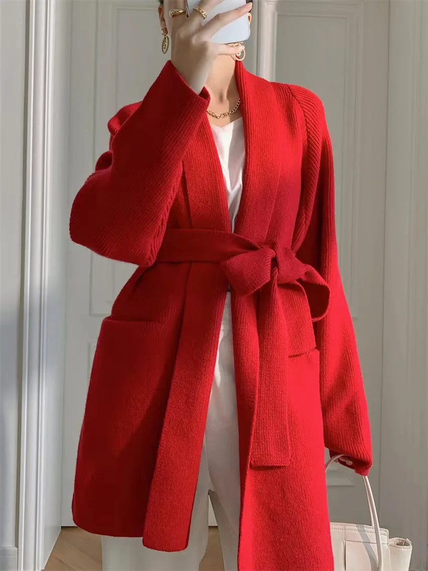 Thick bathrobe slouchy knit sweater jacket medium length alpaca cardigan with lace-up