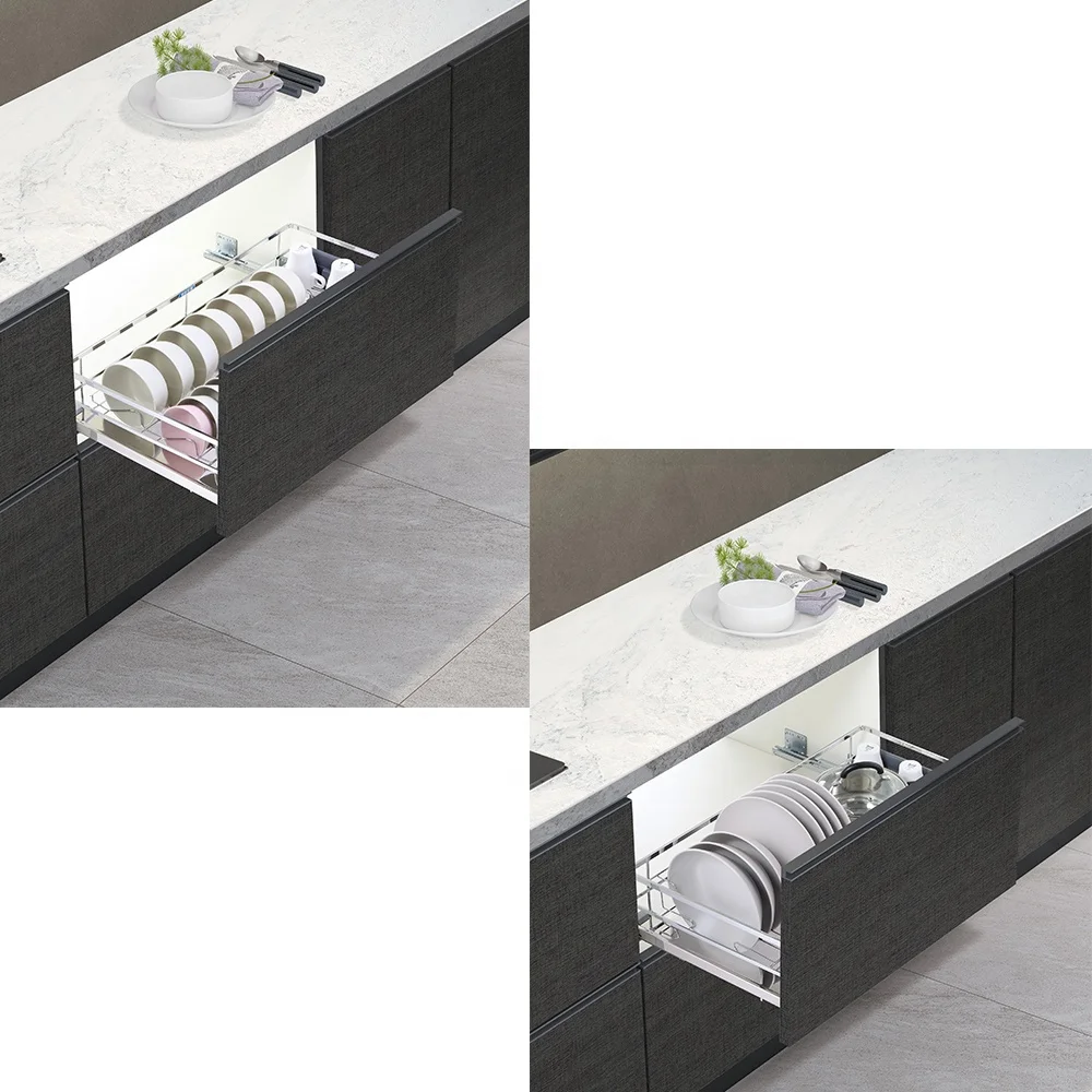 For Kitchen Cabinet 465mm Deep Long Plus Three Sides Flat Stainless Steel Iron Metal Drawer Pull Out Wire Storage Baskets Basket