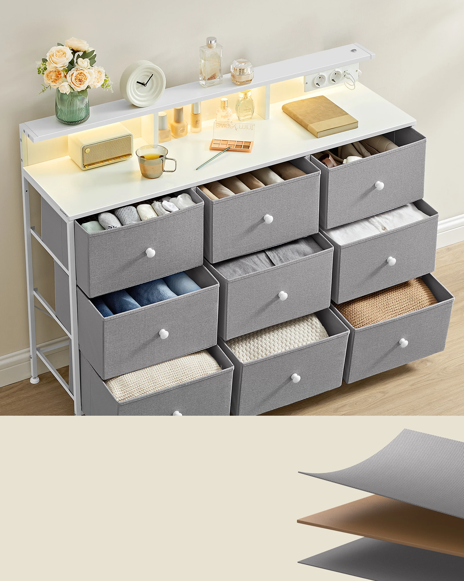 SONGMICS Charge Vertical Customizable Chest of Drawers with LED lights Modern 9-Drawer Fabric Storage Tower Dresser