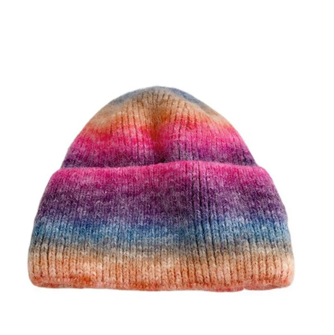Wholesale Designer Fashion Women Beanies Winter Warmth Rainbow Striped Tie Dye Knitted Hat