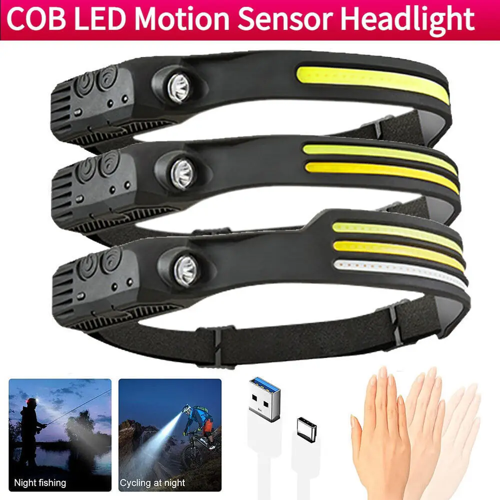 Waterproof Rechargeable Headlight Motion Sensor Bright Beam cob led headlamp for Camping