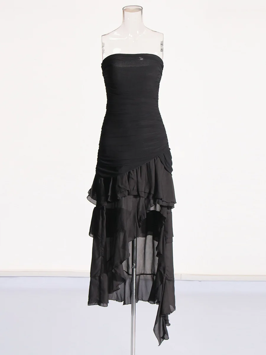 Sexy Socialite style party dress 2024 Summer new tube chest closed waist ruffled open back irregular dress