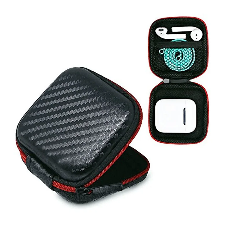 Carbon Fiber Texture Hard Earphone Headset EVA Case for MP3/MP4 Earphone Earbuds Zipper earphone case with Mesh Pocket