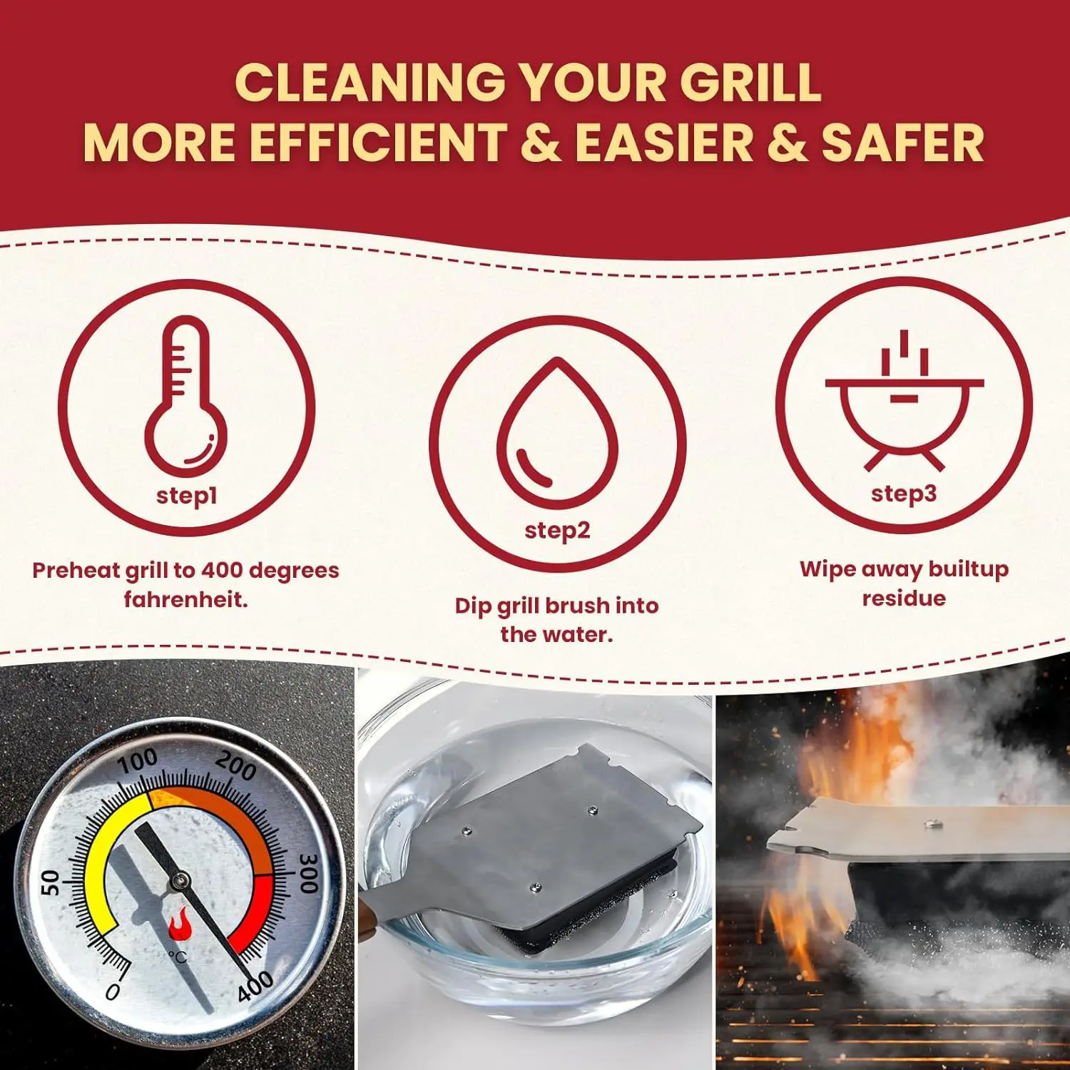 BBQ Cleaning Brush with Wooden Handle BBQ Accessories Bristless barbecue brush with additional replaceable scraper cleaning head