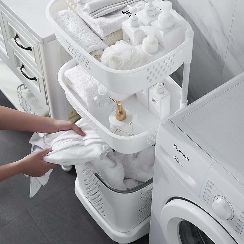 2-layer 44*32.5*73.5cm Layered Storage Bathroom Decor Plastic Dirty Laundry Basket On Wheels