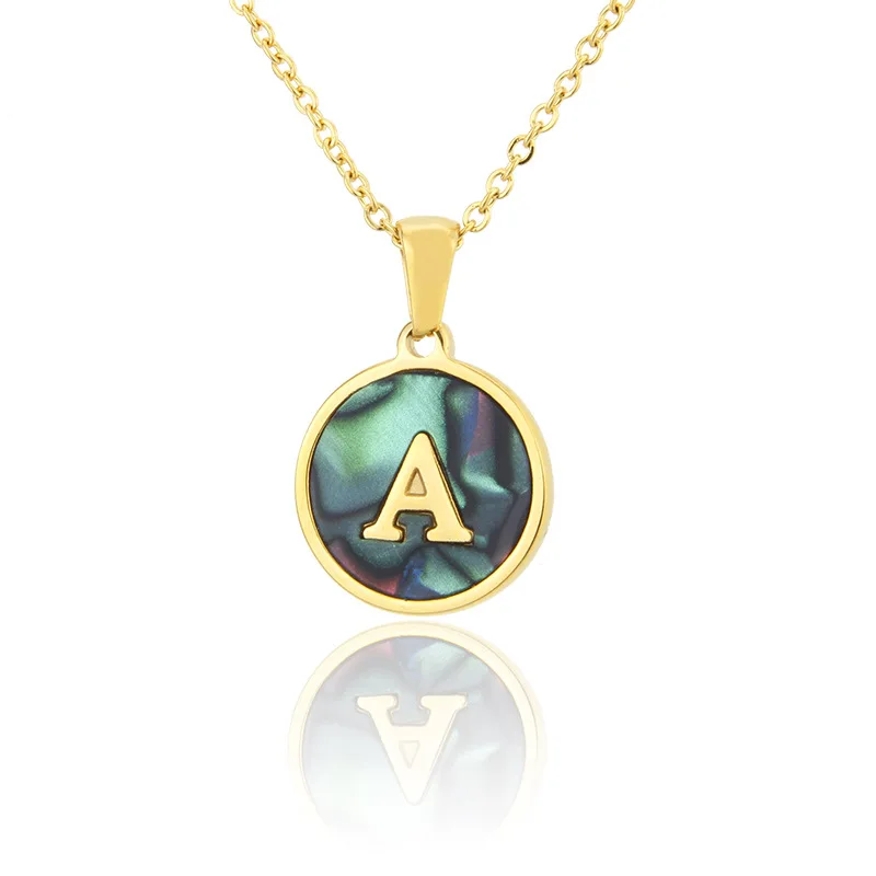 Fashion Natural Initial Sea Shell A-Z Gold Letter Clavicle Chain Necklace Round Rainbow Abalone Shell Alphabet PENDANT NECKLACE