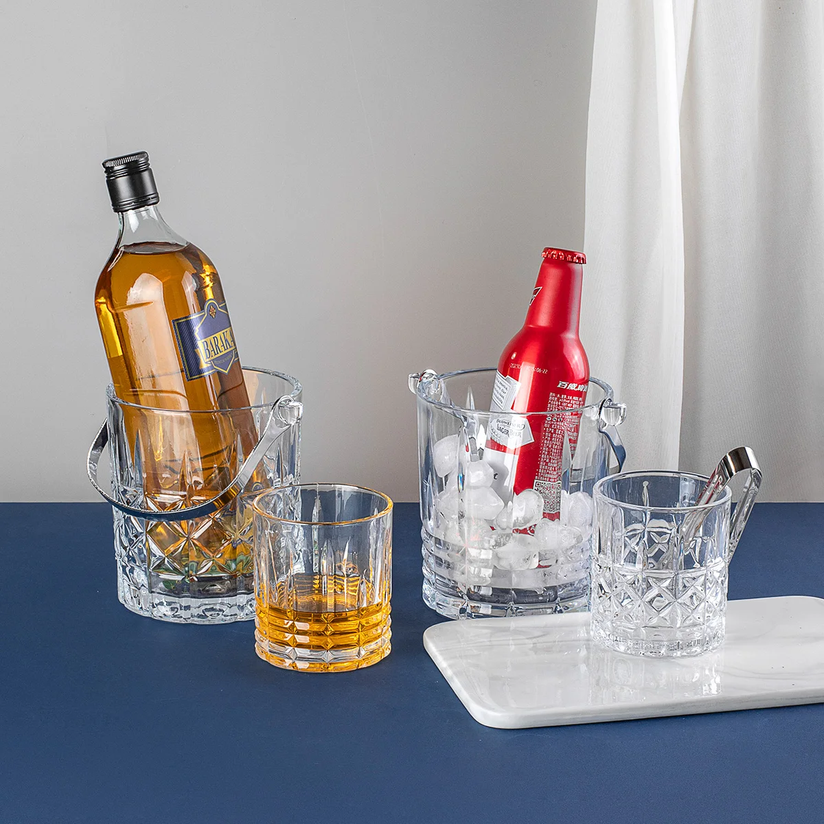 30oz Clear Glass Wine Cocktail Whiskey Champagne Beer Ice Bucket Tongs Glass Tub Cooler Ice Cube Bucket with Handles