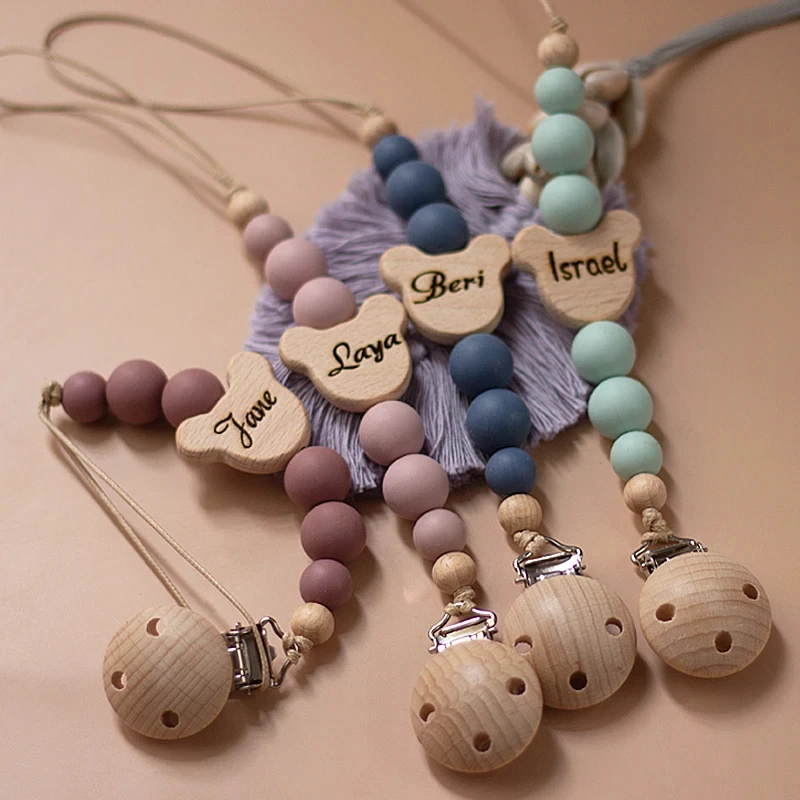 Personalized Logo Beech Wooden Teddy Bear Retractable Kit Silicone Beads Baby Teething Pacifier Holder Clip for Boys Girl