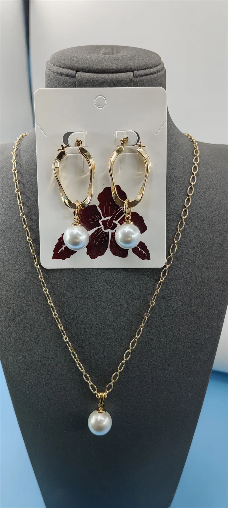 Fashion Hawaiian jewelry wholesale pearl thick hoop earrings necklace set