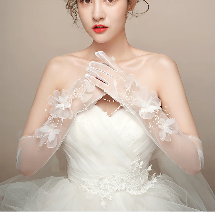 Feishiluo Luxury 3D Diamond Bead Bridal Gloves Wedding Party  Long Flower Bow Lace Gloves