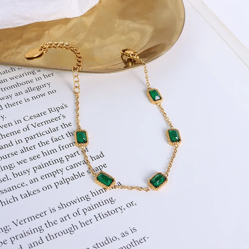 Japan and Korea bracelet square inlaid emerald green zircon stainless steel plated 18K gold bracelet