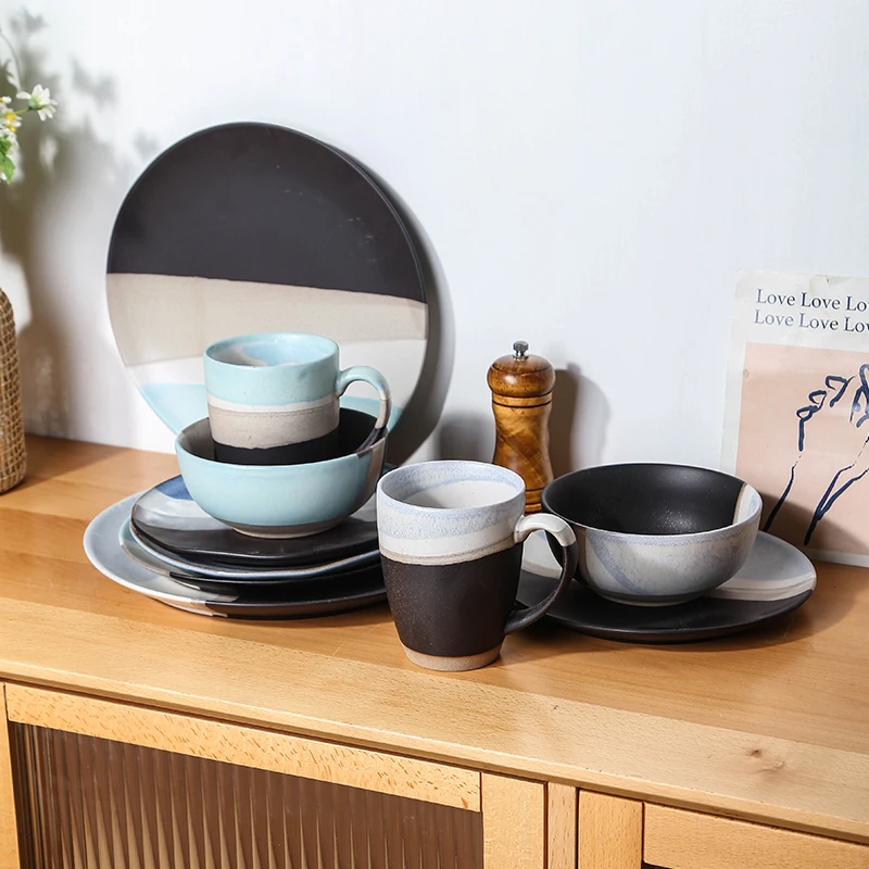 Nordic style color glazed dishes plates salad bowl hotel restaurant dinner ceramic tableware set dinnerware