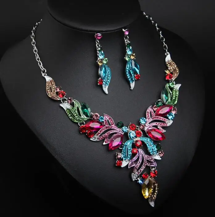 Europe And The United States Colorful Flower Jewel Banquet Bridal Accessories Fancy Beautiful Jewelry New Model Necklace Set