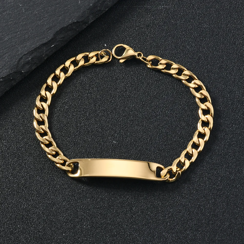 Duoying Gold Silver Customized Laser Engraved Bracelet  Stainless Steel Cuban Chain Curved Bracelet