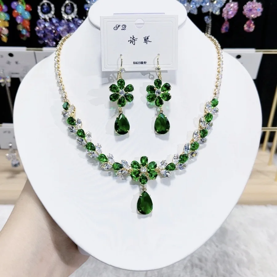 Bulk Order Stones Red Color Crystal Necklace Earring Sets For Wedding Dress Love Jewelry Set